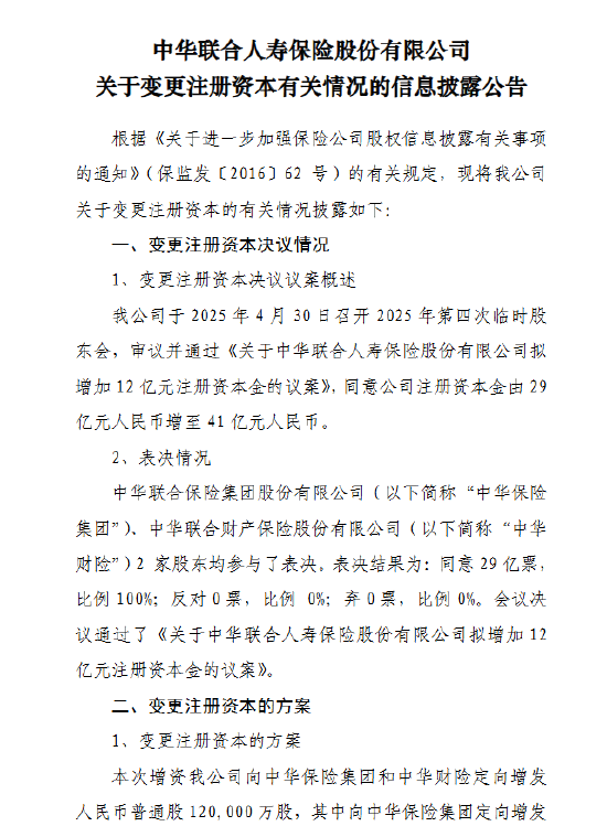 股票配资常识 中华人寿：拟增资12亿元 注册资本将增加至41亿元