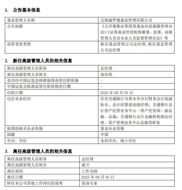 配资炒股平台官方网站 行业元老卸任！交银施罗德基金总经理变更